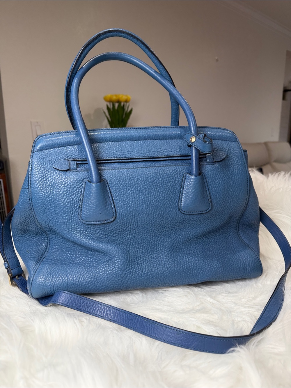 Prada Blue Pebbled Leather Two-Way Satchel Shoulder Bag - Picture 4 of 14